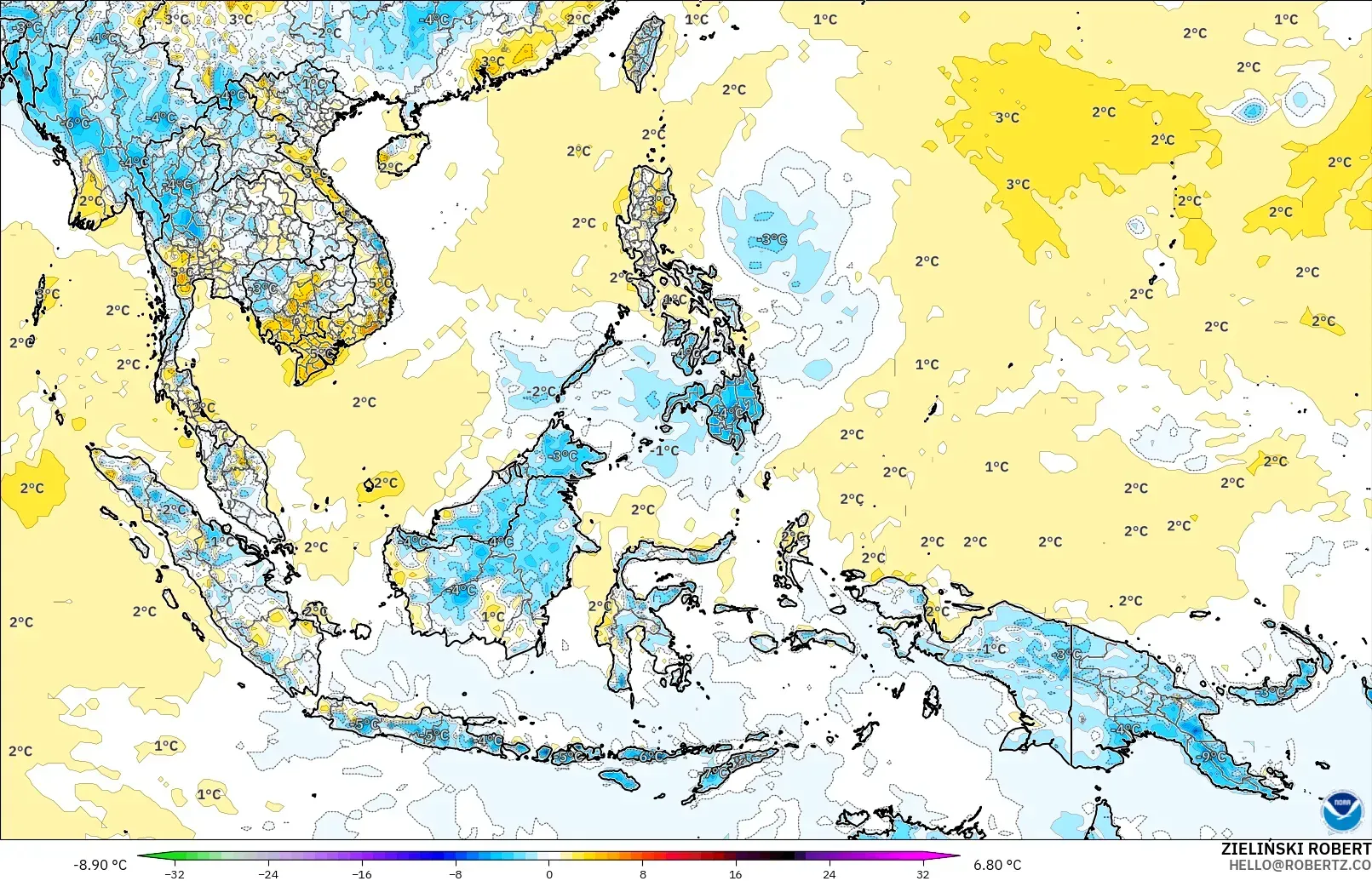 GFS modelo - Sudeste Asiático, Anomalía de temperatura a 2 m