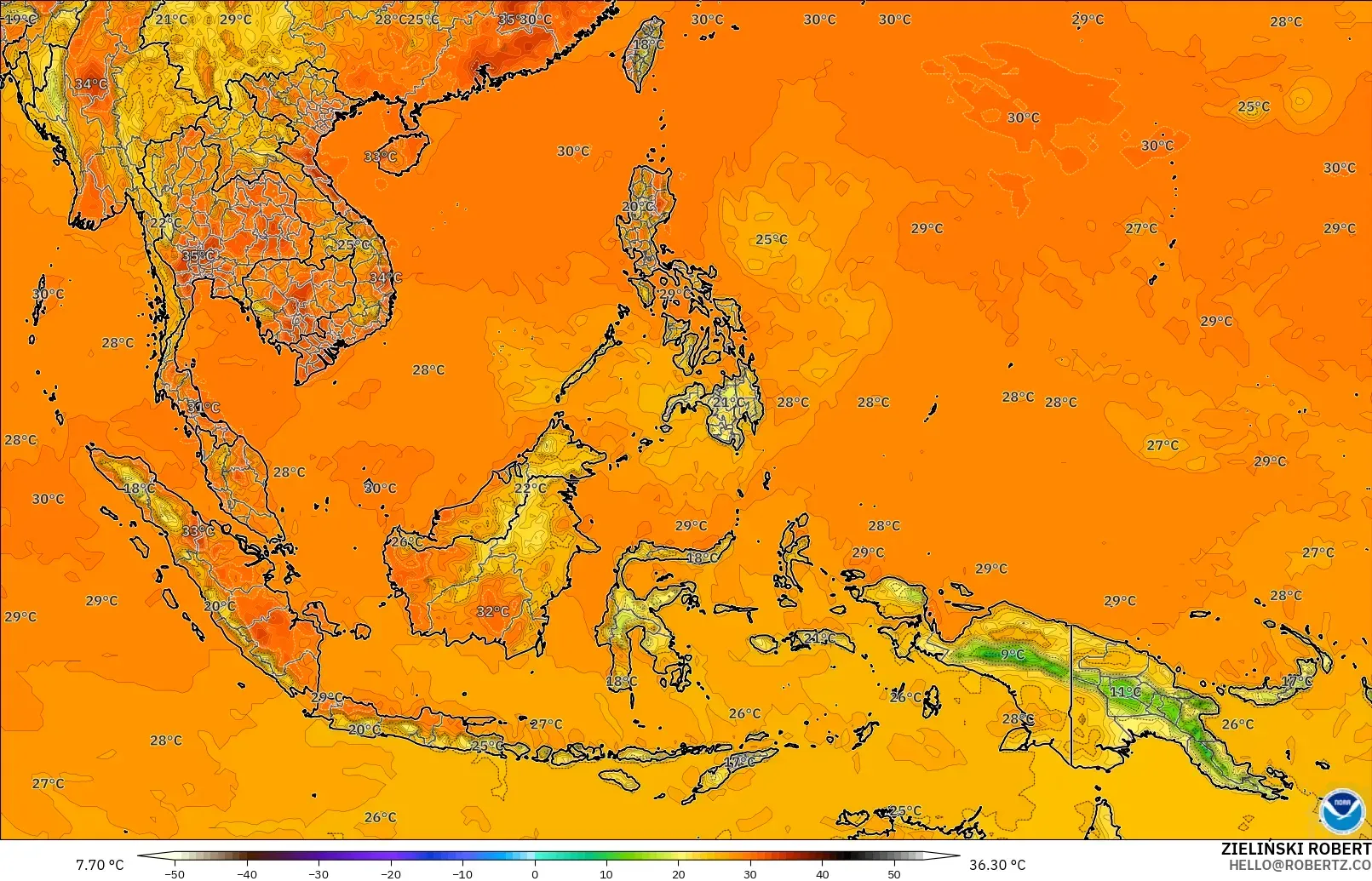 GFS modelo - Sudeste Asiático, Temperatura a 2 m