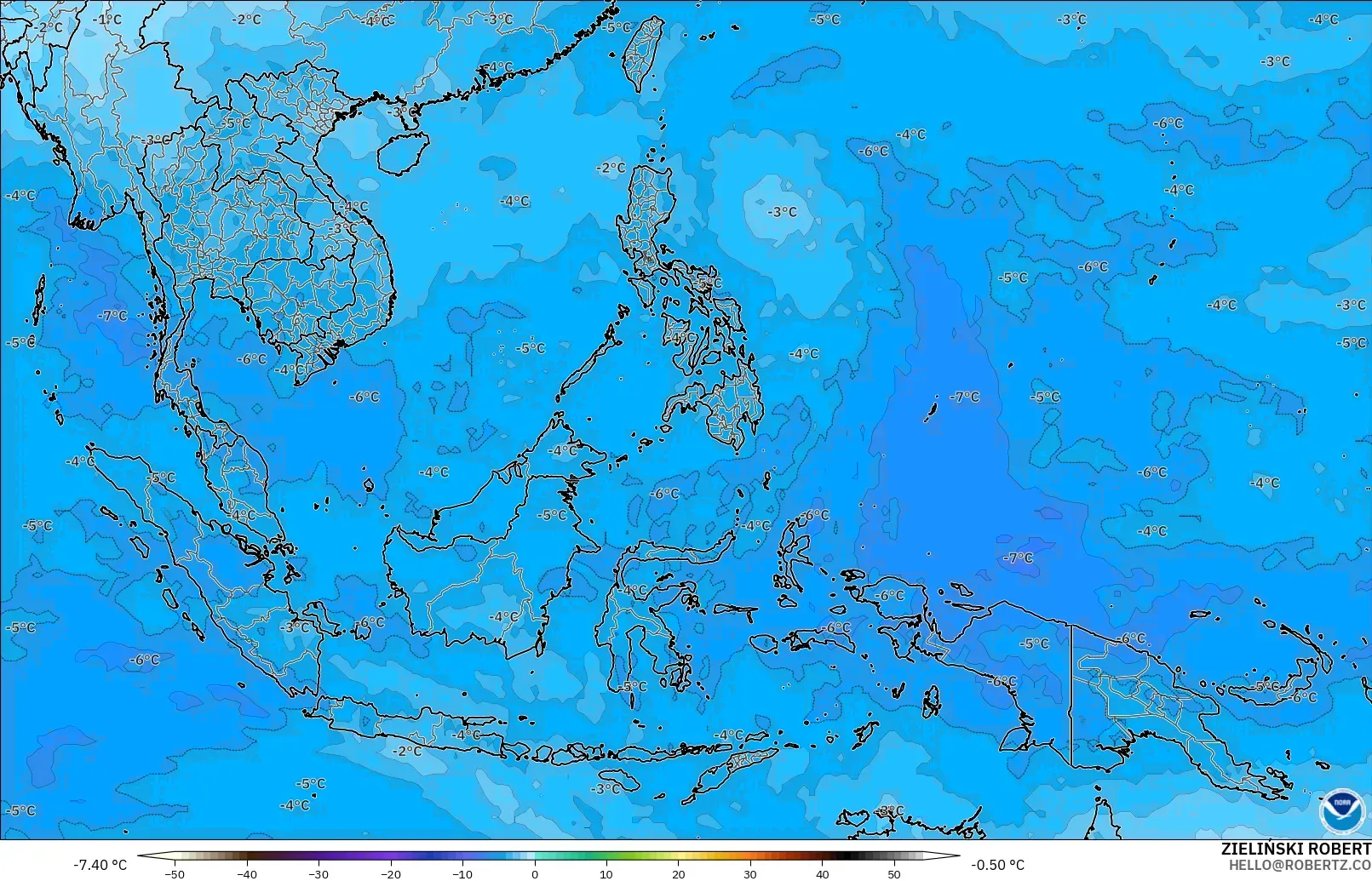GFS modelo - Sudeste Asiático, Temperatura a 500 hPa