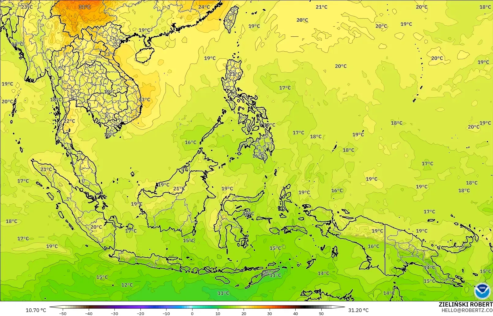 GFS modelo - Sudeste Asiático, Temperatura a 850 hPa