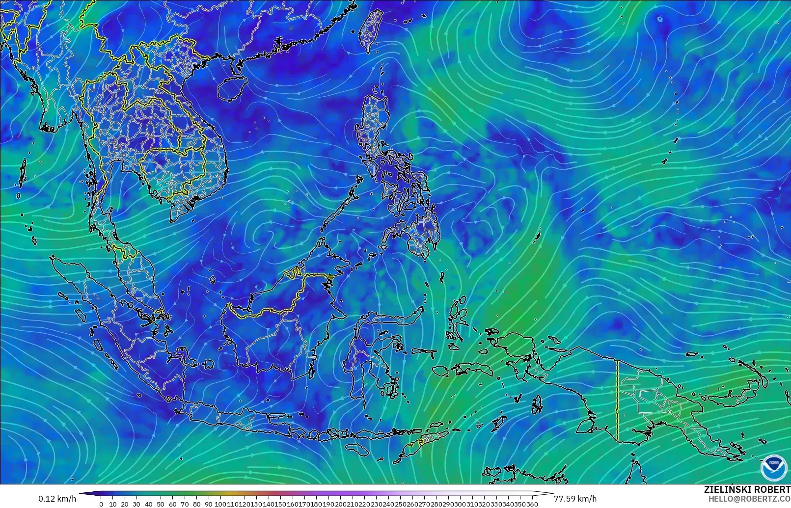 GFS modelo - Sudeste Asiático, Viento a 300 hPa (corriente en chorro)