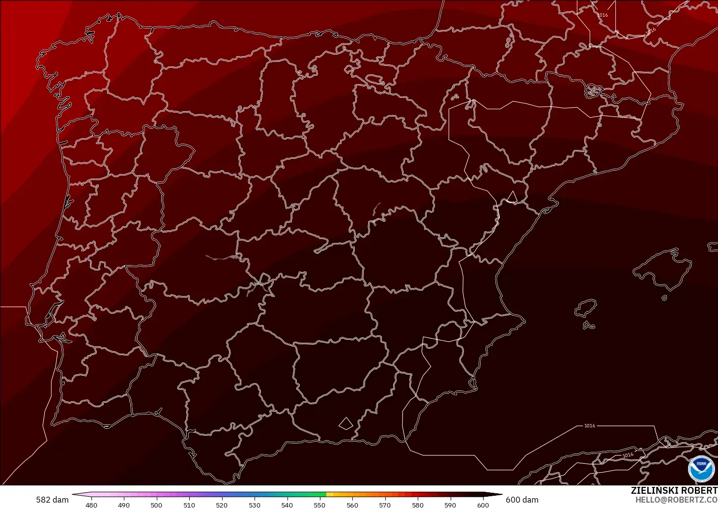 GFS modelo - España, Altura geopotencial a 500 hPa