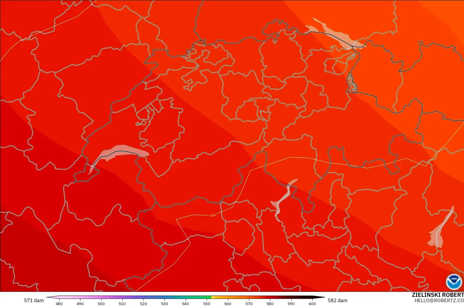 GFS modelo - Suiza, Altura geopotencial a 500 hPa