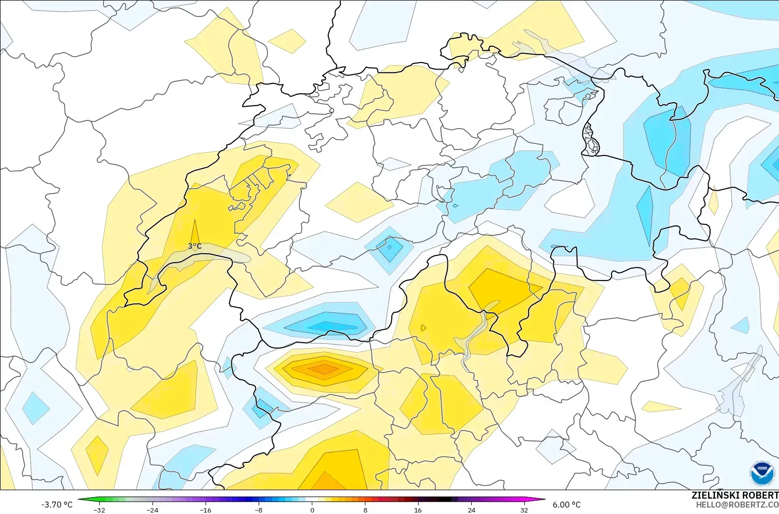 GFS modelo - Suiza, Anomalía de temperatura a 2 m