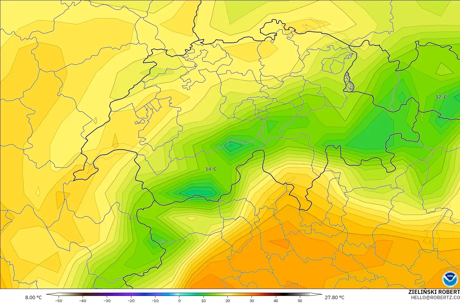 GFS modelo - Suiza, Temperatura a 2 m
