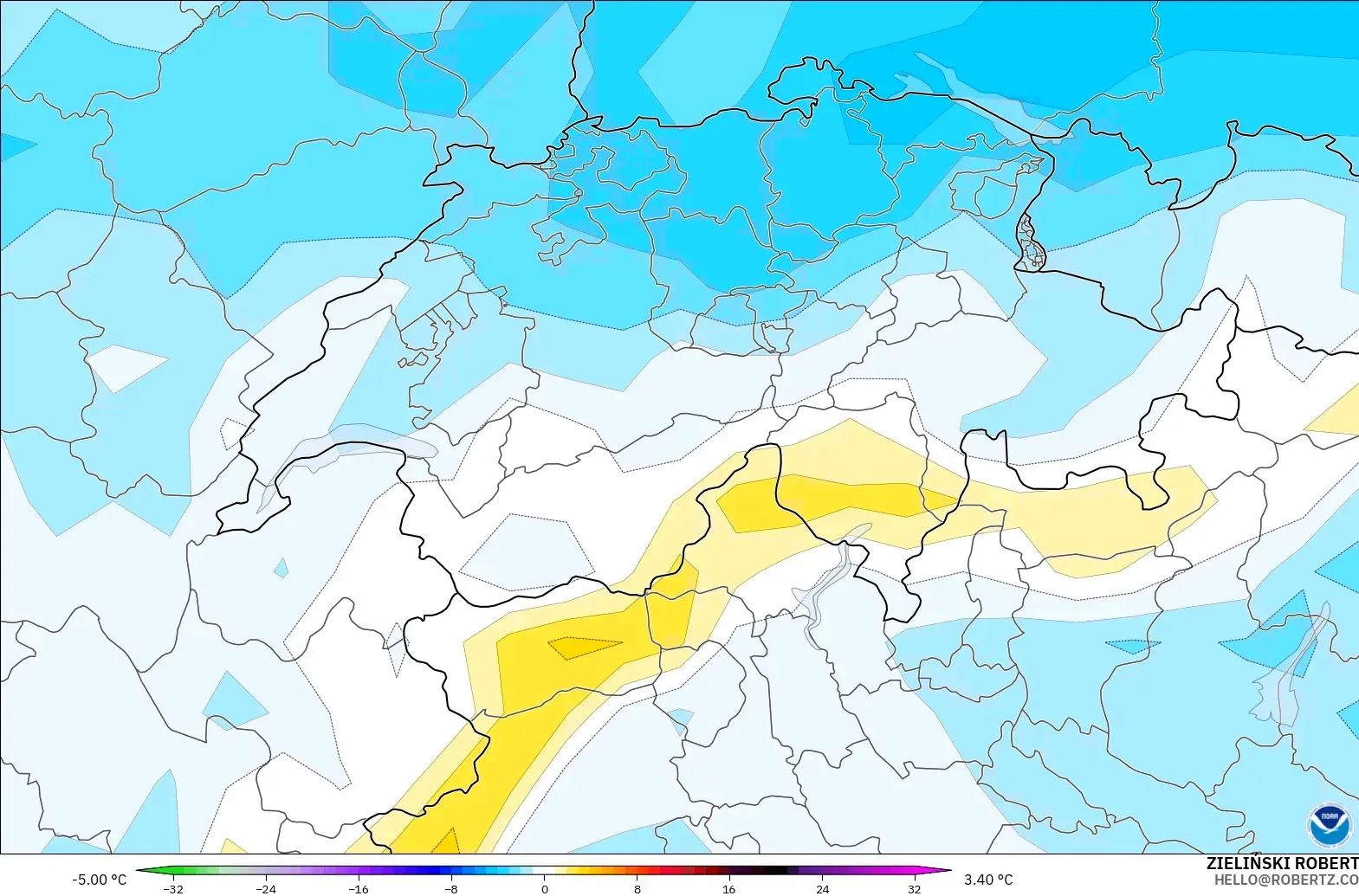 GFS modelo - Suiza, Anomalía de temperatura a 850 hPa