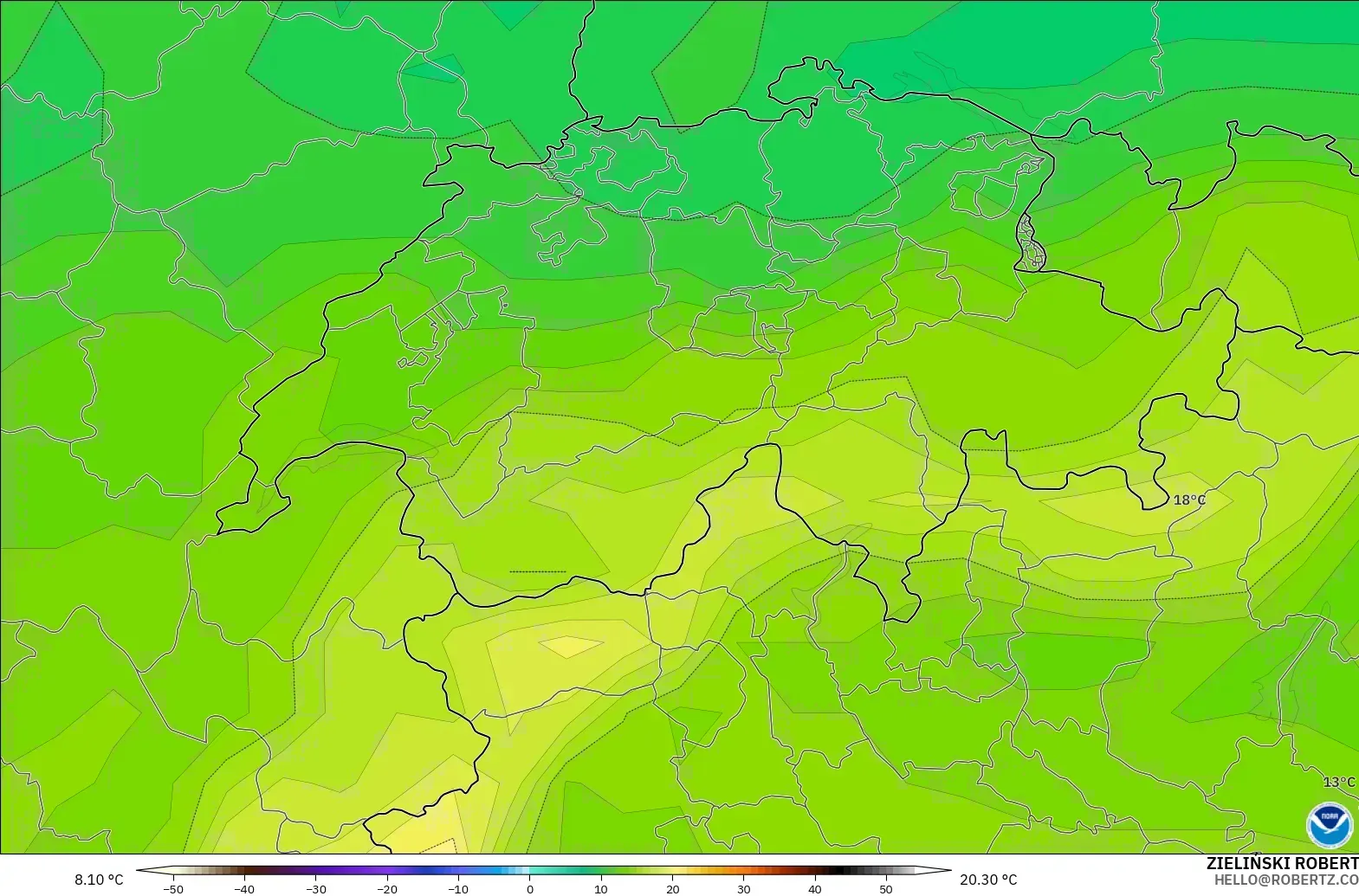 GFS modelo - Suiza, Temperatura a 850 hPa