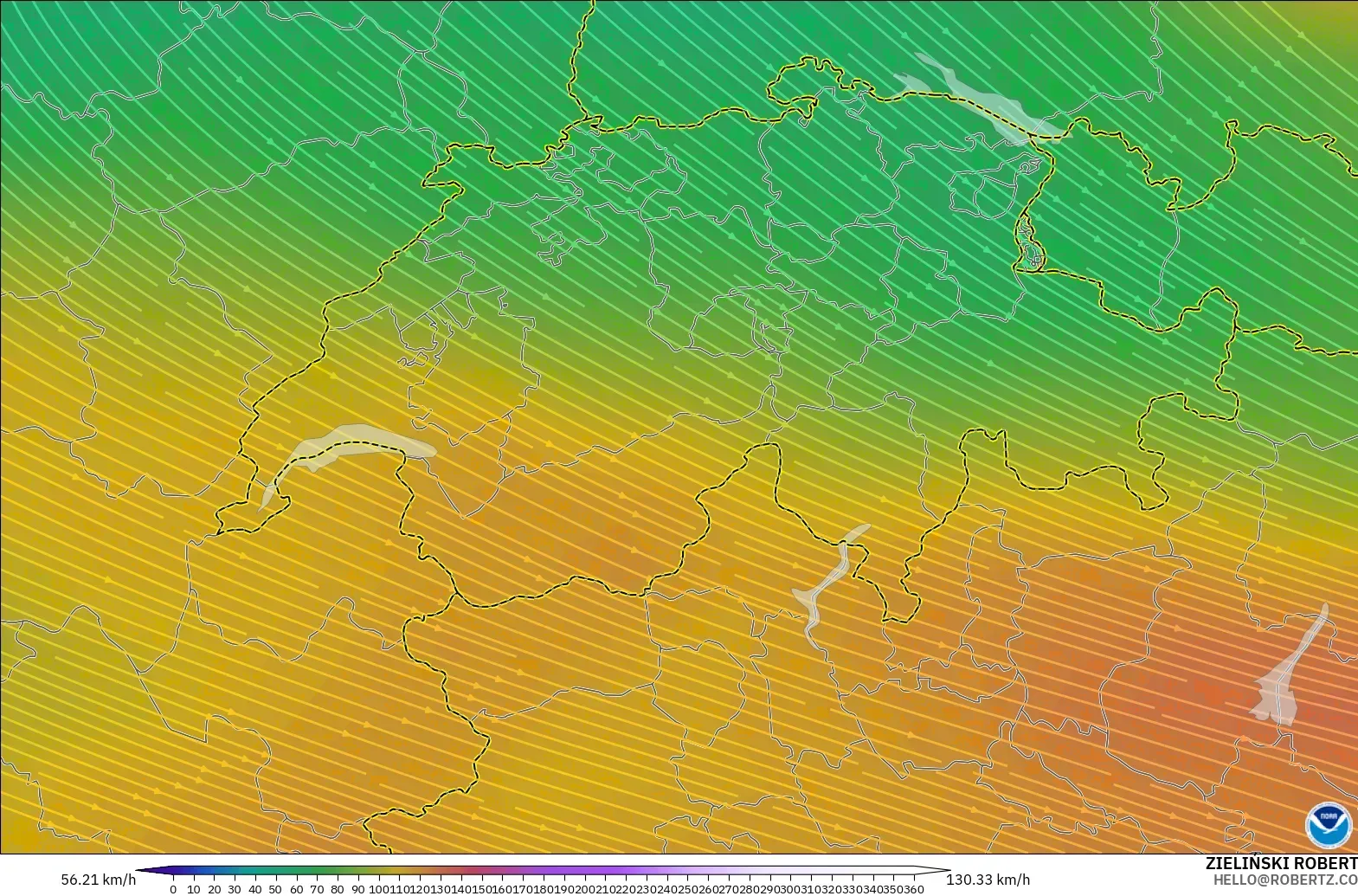 GFS modelo - Suiza, Viento a 300 hPa (corriente en chorro)