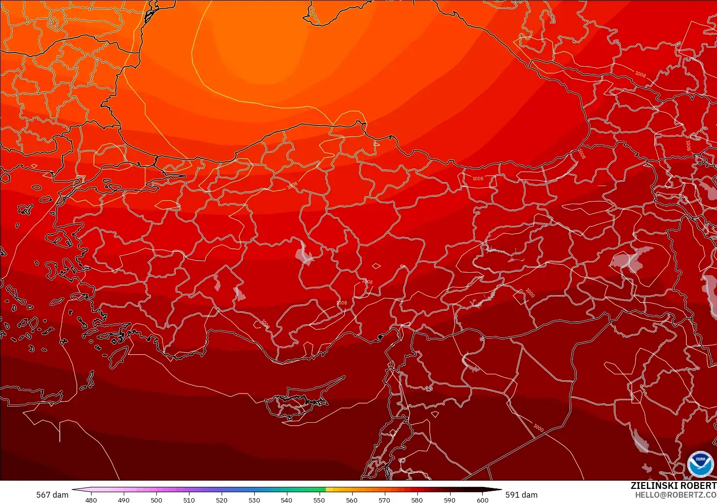 GFS modelo - Turquía, Altura geopotencial a 500 hPa