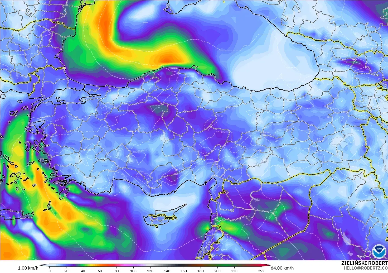 GFS modelo - Turquía, Ráfagas de Viento Máximas