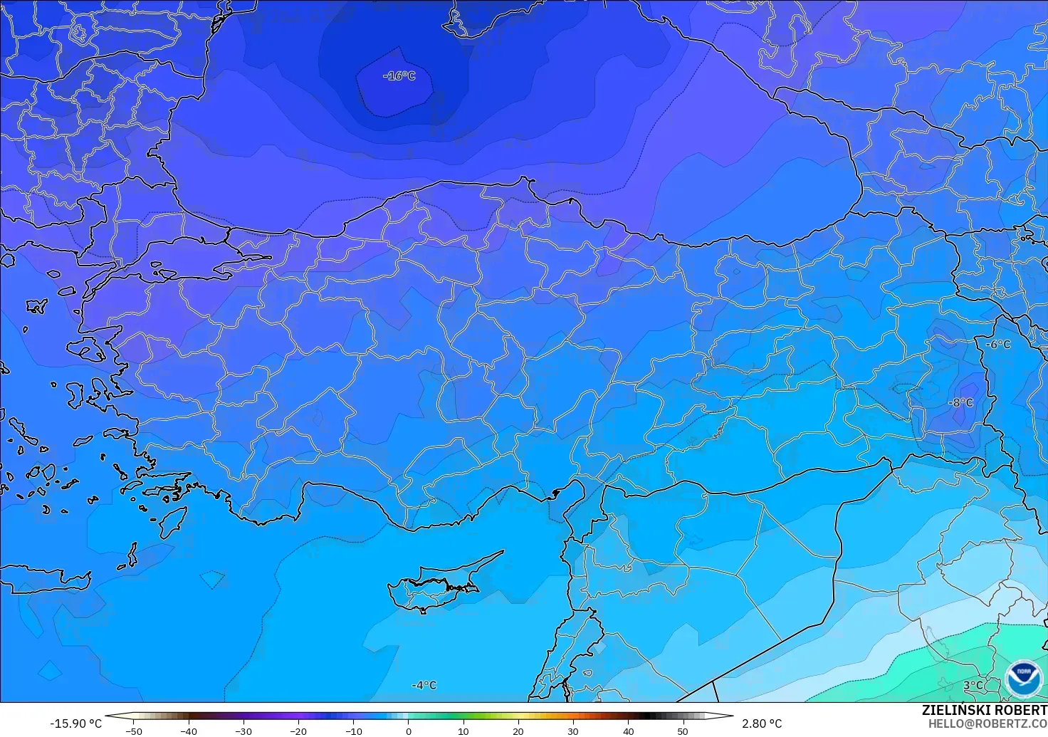 GFS modelo - Turquía, Temperatura a 500 hPa
