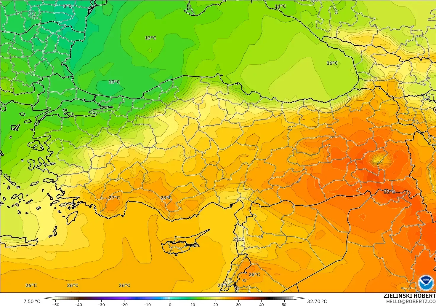 GFS modelo - Turquía, Temperatura a 850 hPa