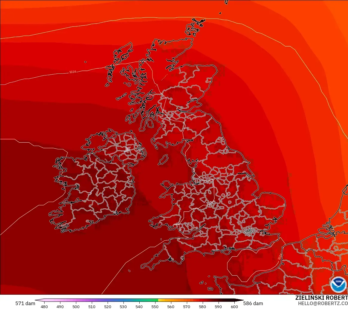 GFS modelo - Reino Unido, Altura geopotencial a 500 hPa