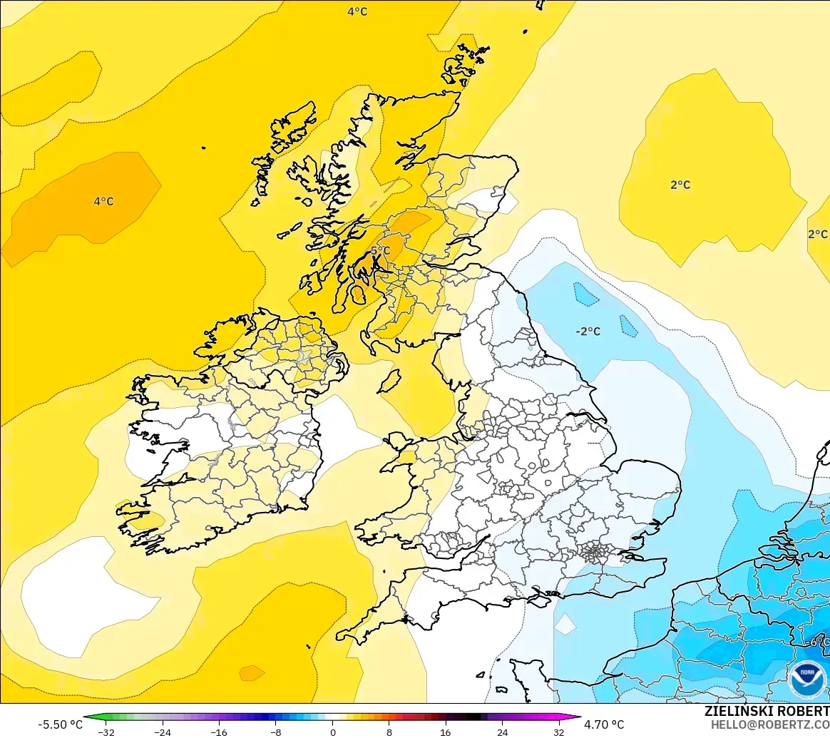 GFS modelo - Reino Unido, Anomalía de temperatura a 850 hPa