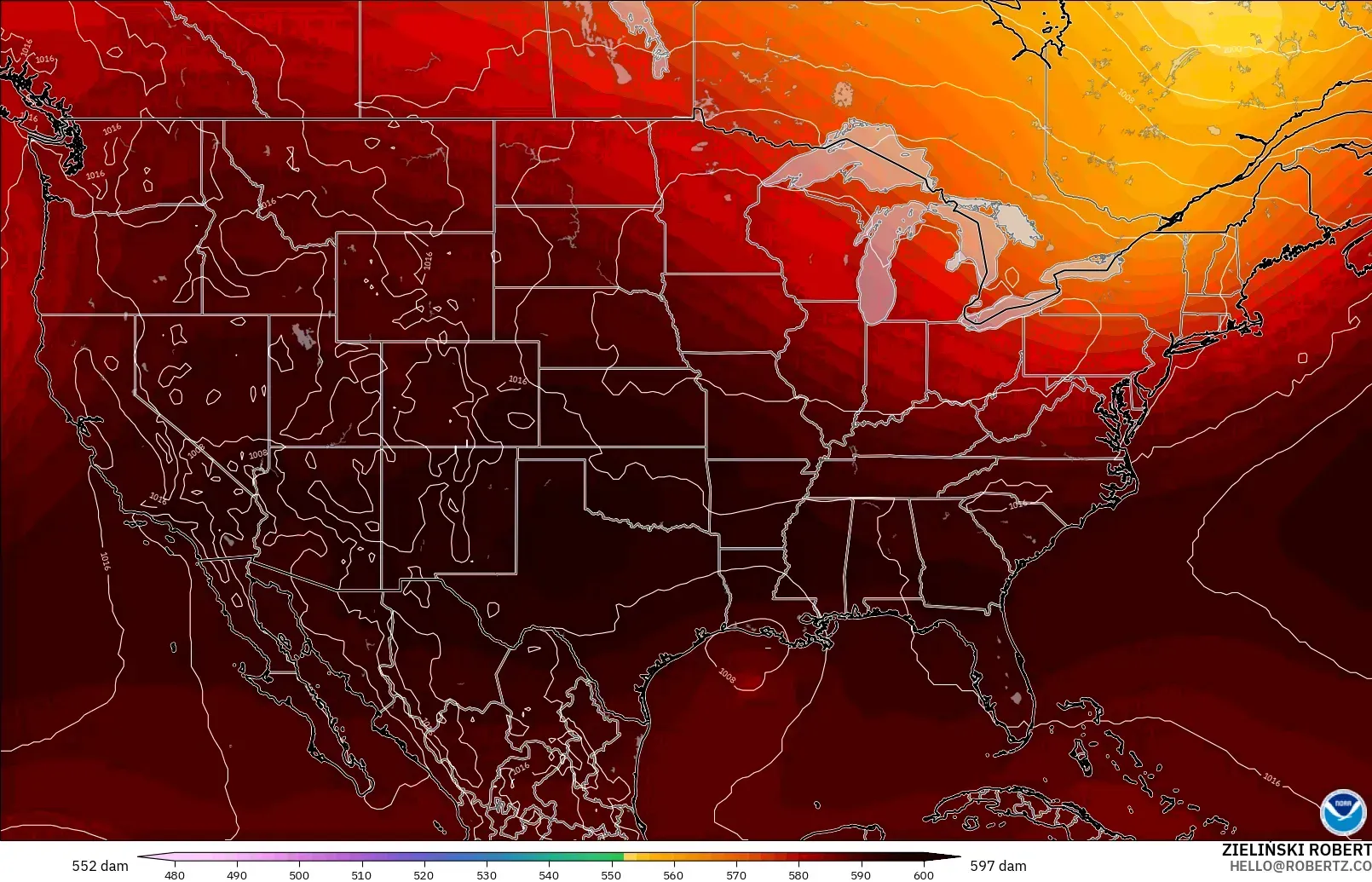 GFS modelo - Estados Unidos, Altura geopotencial a 500 hPa