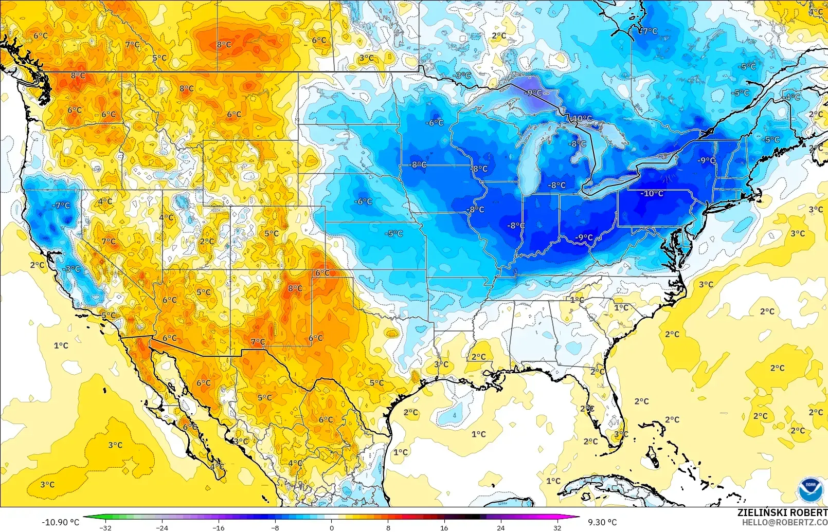 GFS modelo - Estados Unidos, Anomalía de temperatura a 2 m