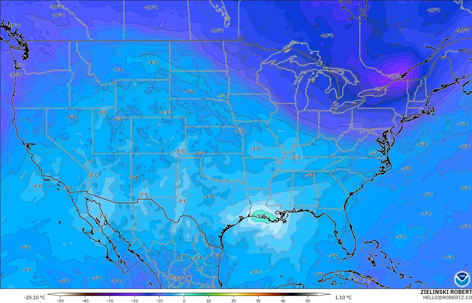 GFS modelo - Estados Unidos, Temperatura a 500 hPa