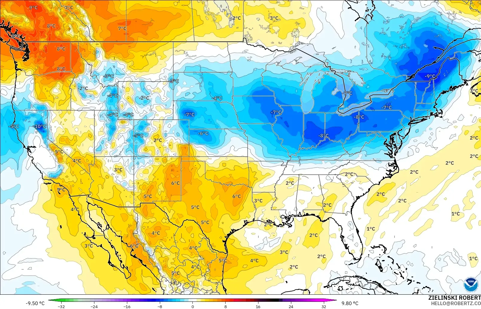 GFS modelo - Estados Unidos, Anomalía de temperatura a 850 hPa