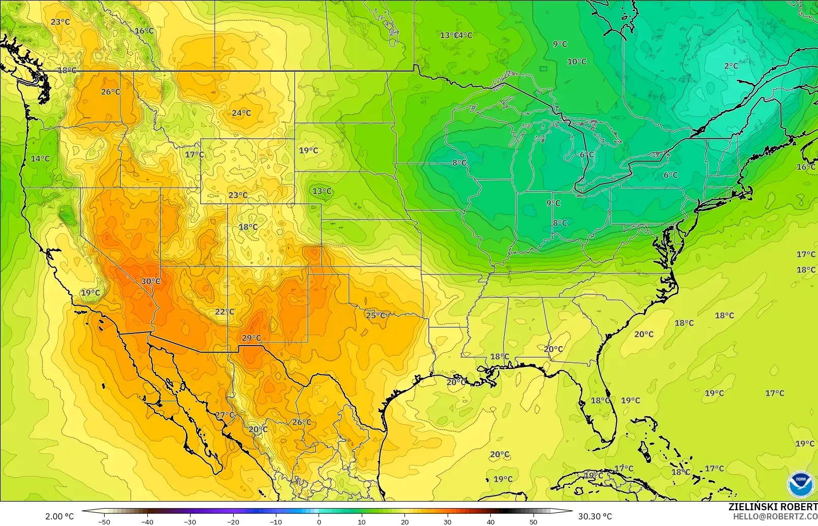 GFS modelo - Estados Unidos, Temperatura a 850 hPa