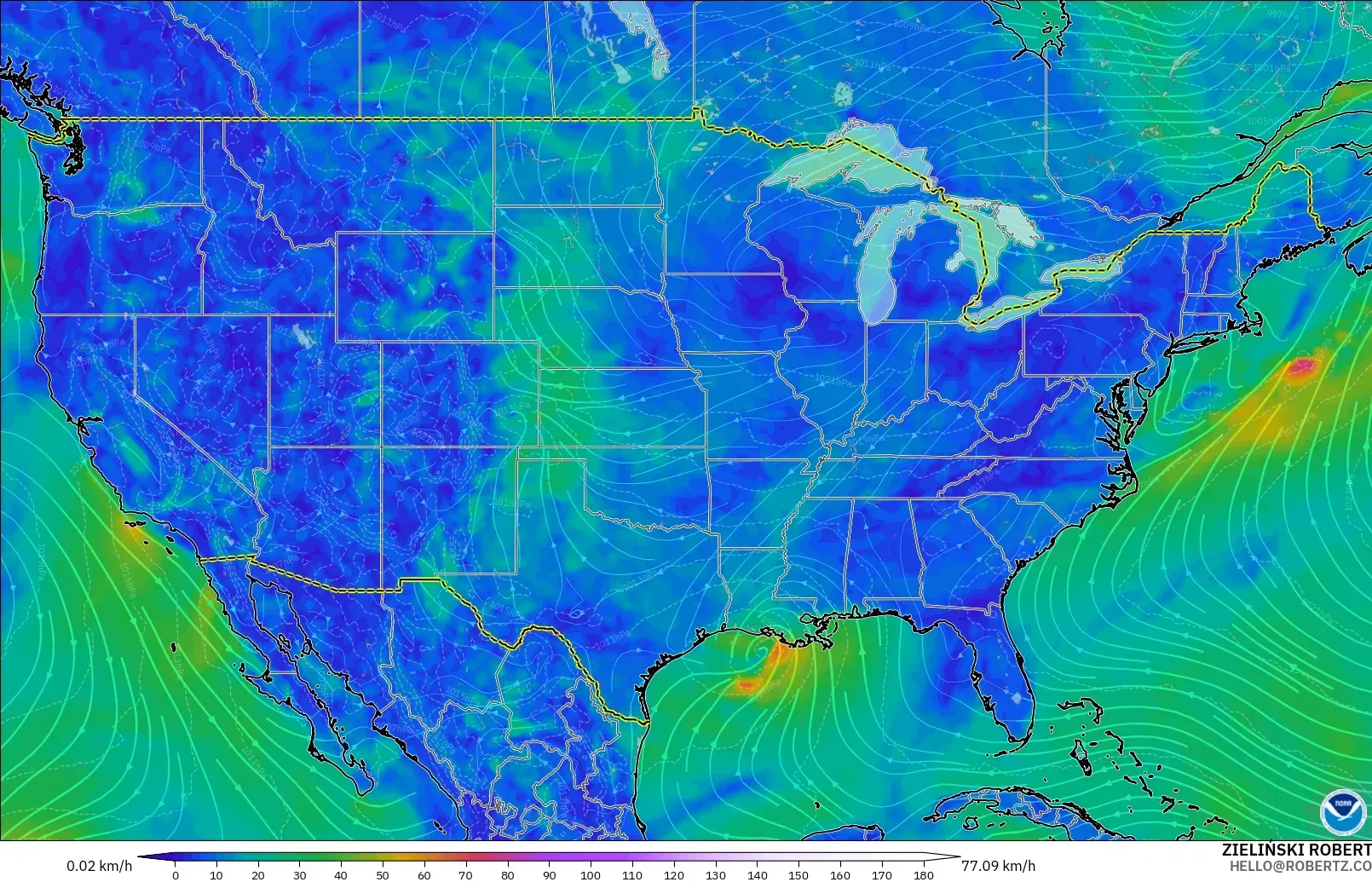 GFS modelo - Estados Unidos, Viento a 10 m