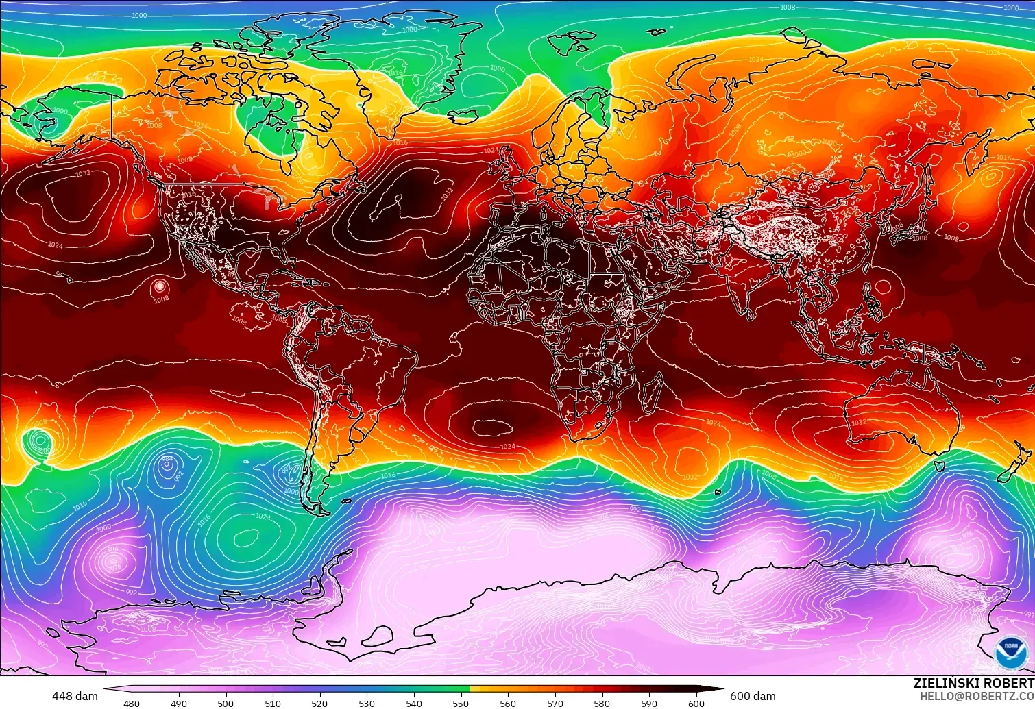 GFS modelo - Mundo, Altura geopotencial a 500 hPa