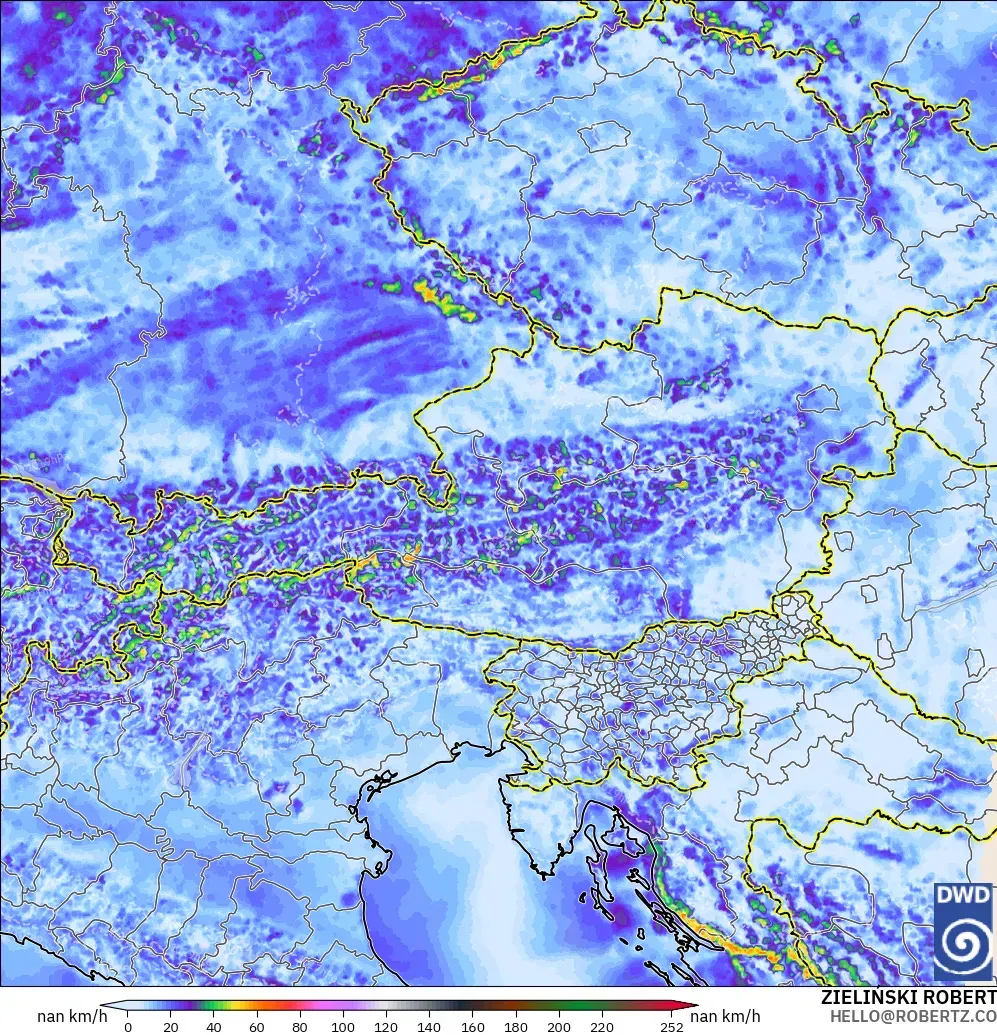 ICON Alemania 2 km modelo - Austria, Ráfagas de Viento Máximas
