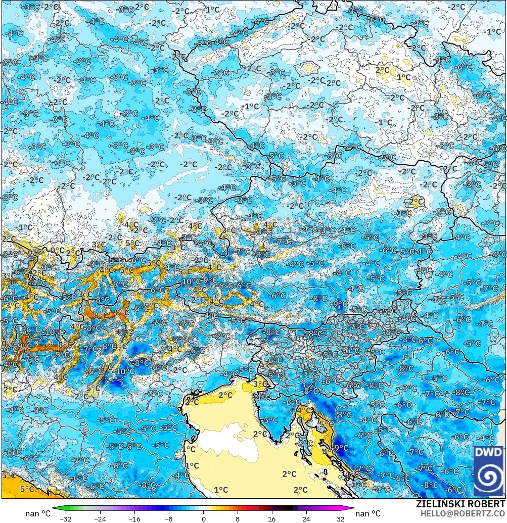ICON Alemania 2 km modelo - Austria, Anomalía de temperatura a 2 m