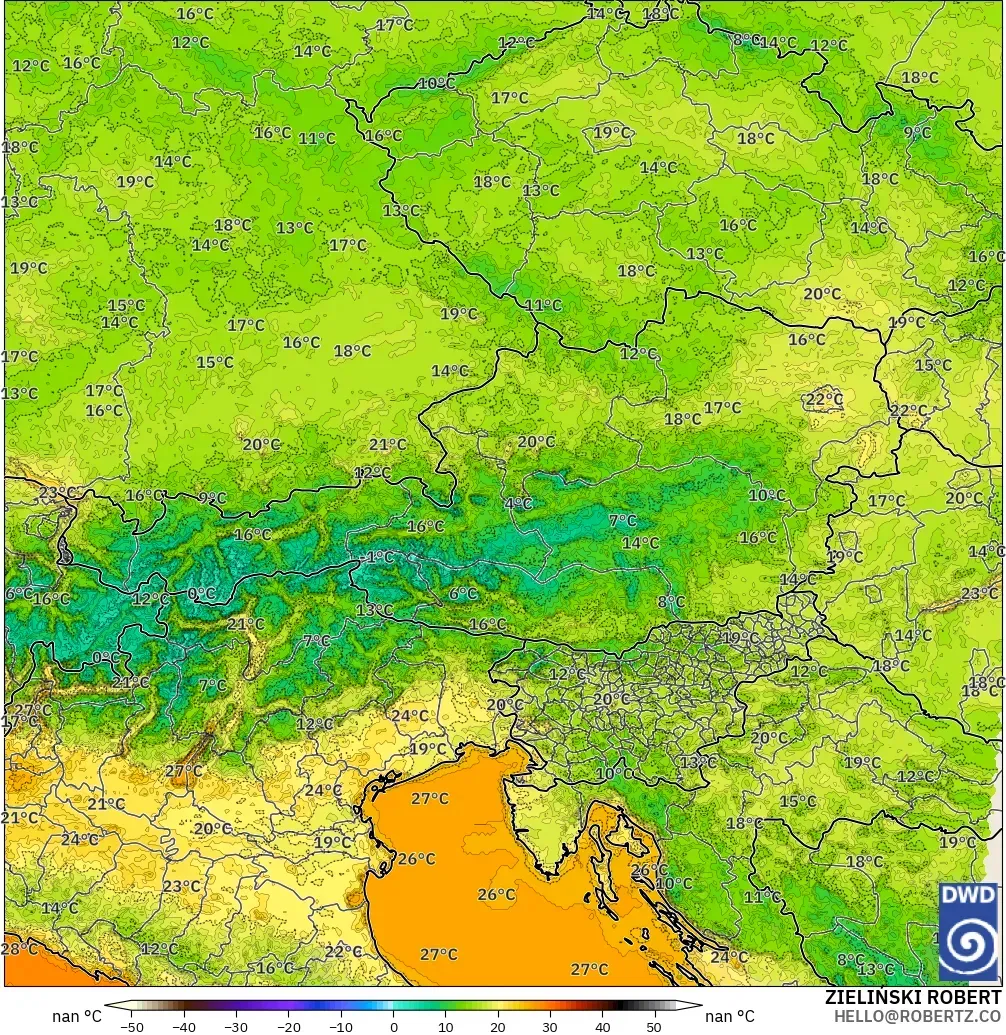 ICON Alemania 2 km modelo - Austria, Temperatura a 2 m