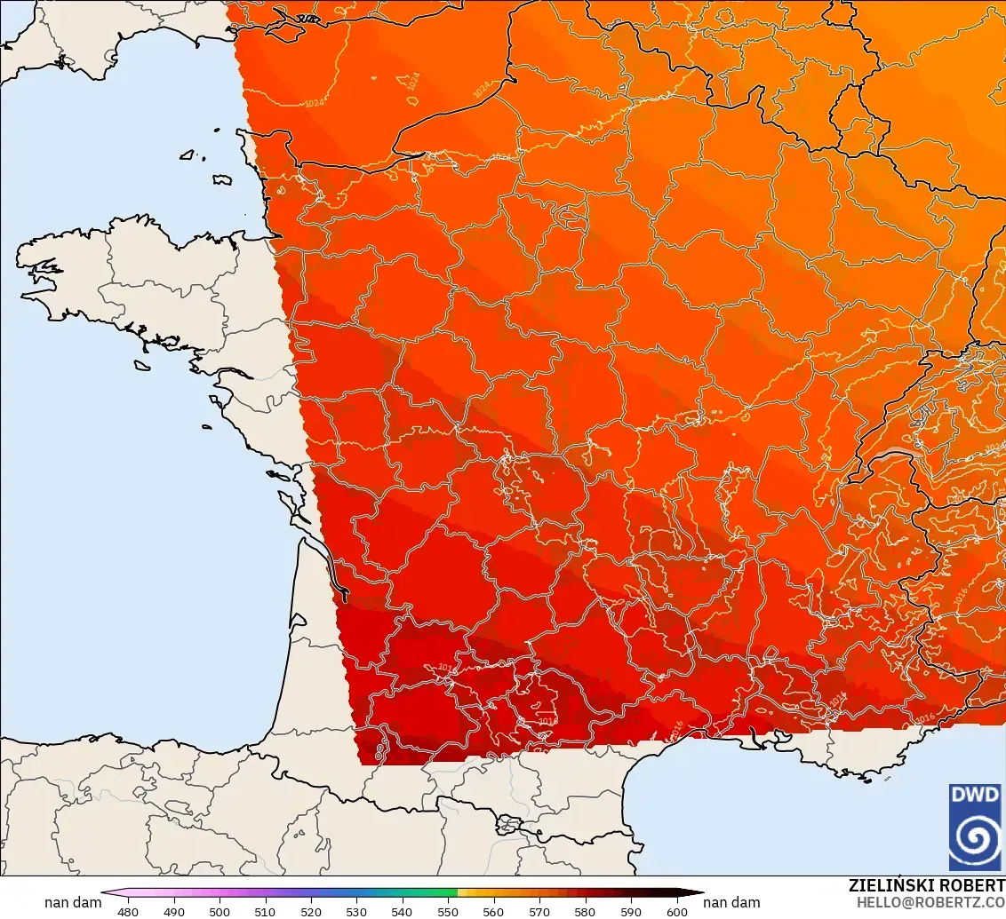 ICON Alemania 2 km modelo - Francia, Altura geopotencial a 500 hPa
