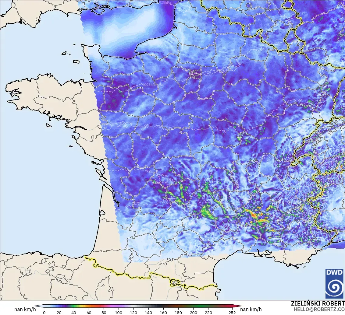 ICON Alemania 2 km modelo - Francia, Ráfagas de viento