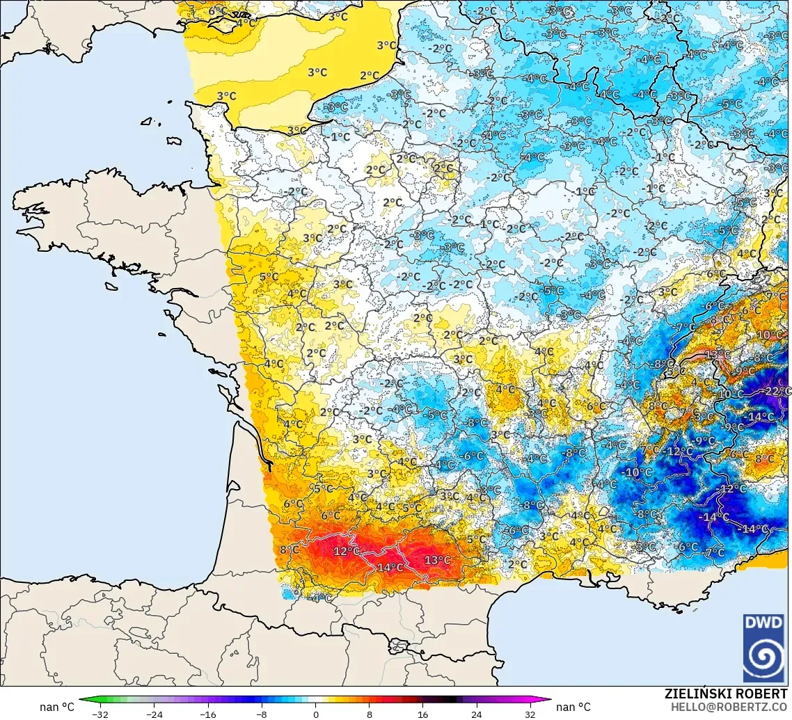 ICON Alemania 2 km modelo - Francia, Anomalía de temperatura a 2 m