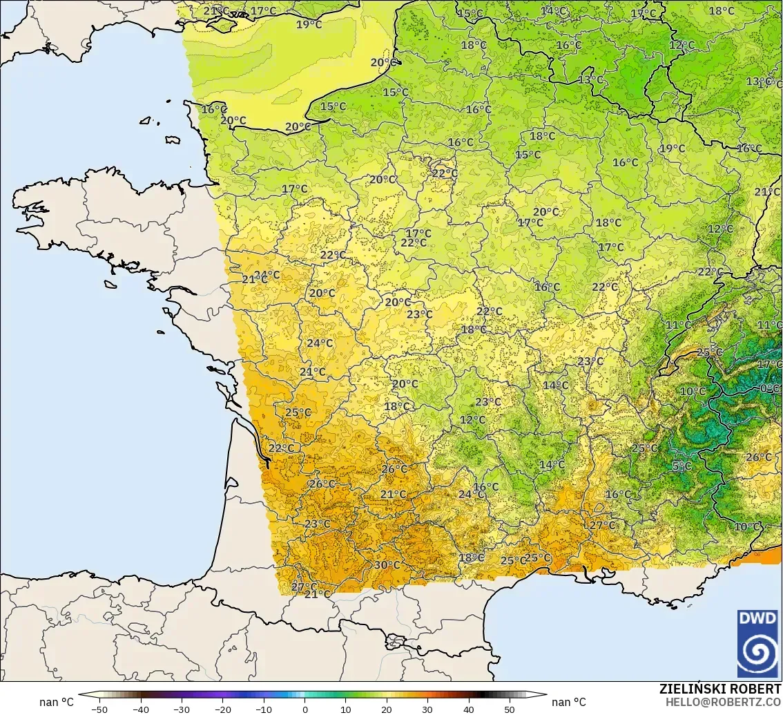 ICON Alemania 2 km modelo - Francia, Temperatura a 2 m