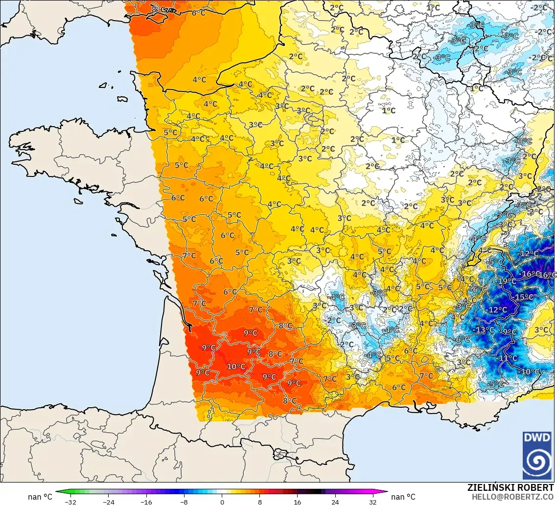 ICON Alemania 2 km modelo - Francia, Anomalía de temperatura a 850 hPa