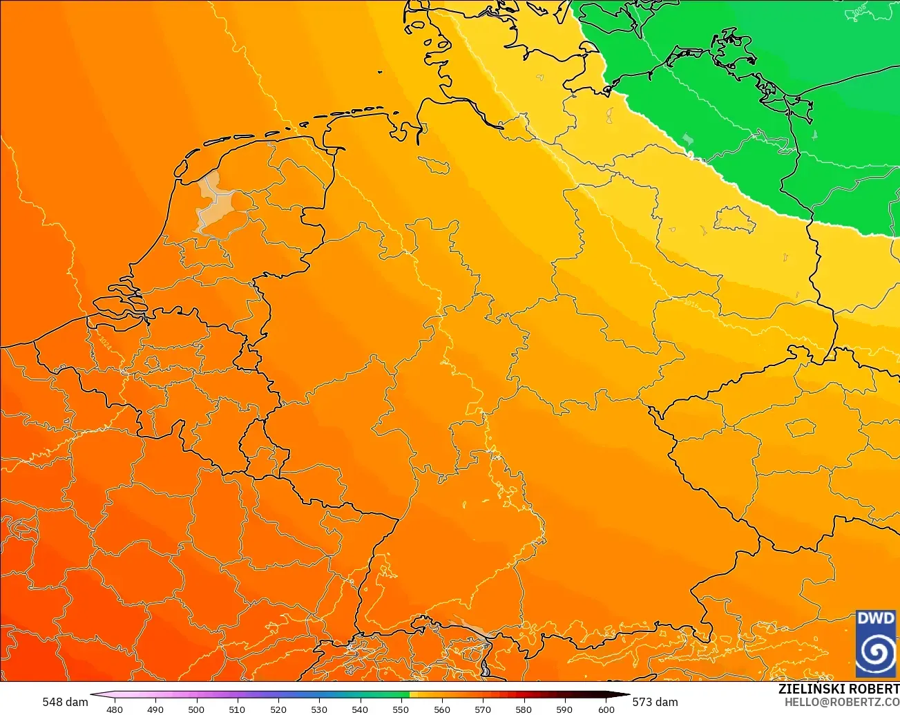 ICON Alemania 2 km modelo - Alemania, Altura geopotencial a 500 hPa