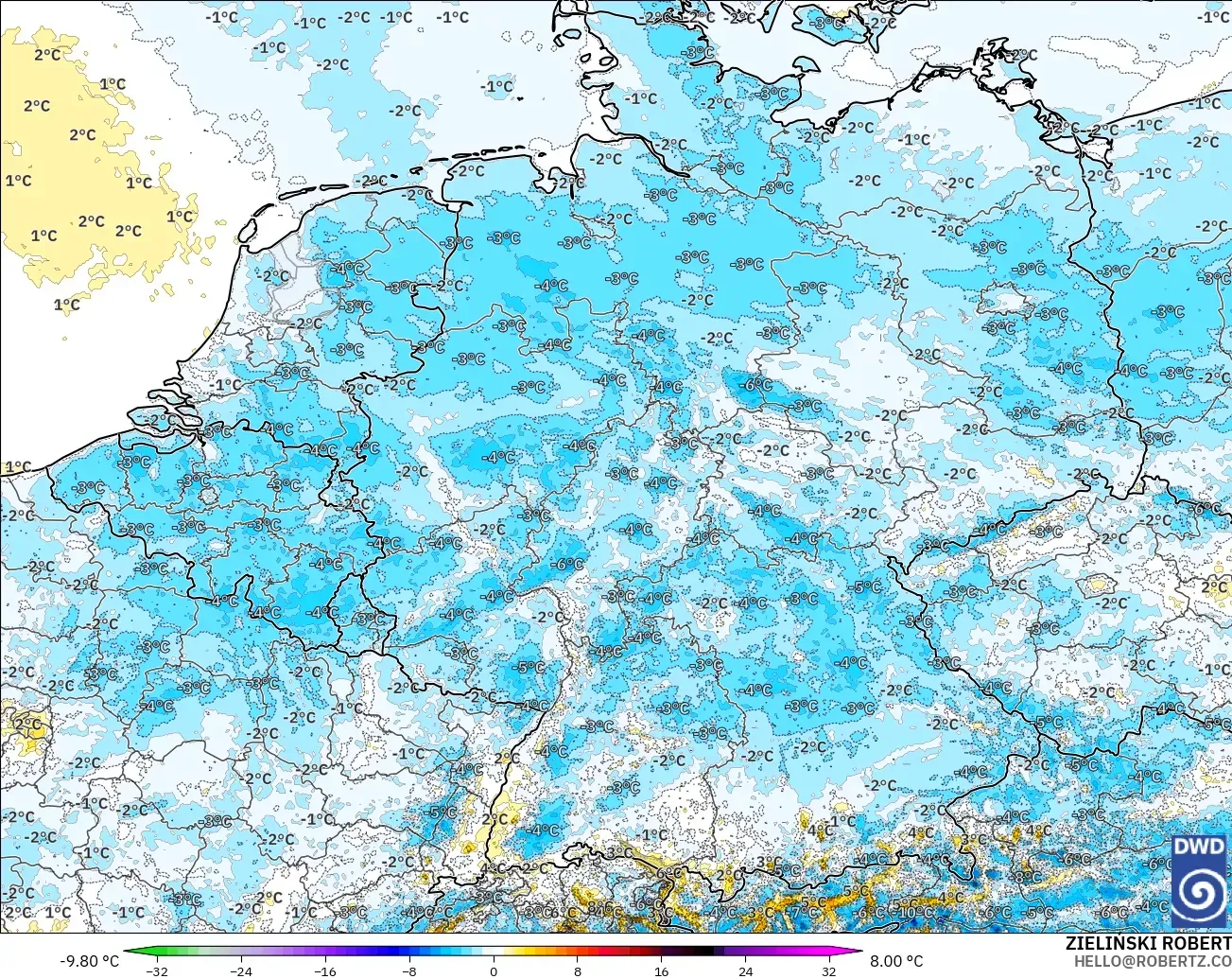 ICON Alemania 2 km modelo - Alemania, Anomalía de temperatura a 2 m
