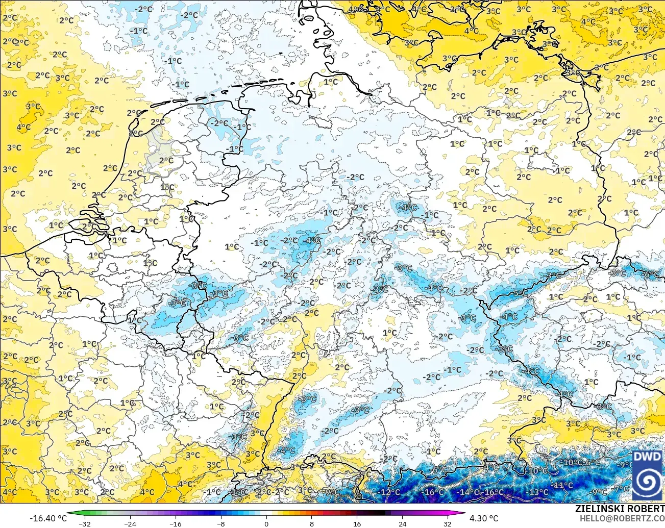 ICON Alemania 2 km modelo - Alemania, Anomalía de temperatura a 850 hPa