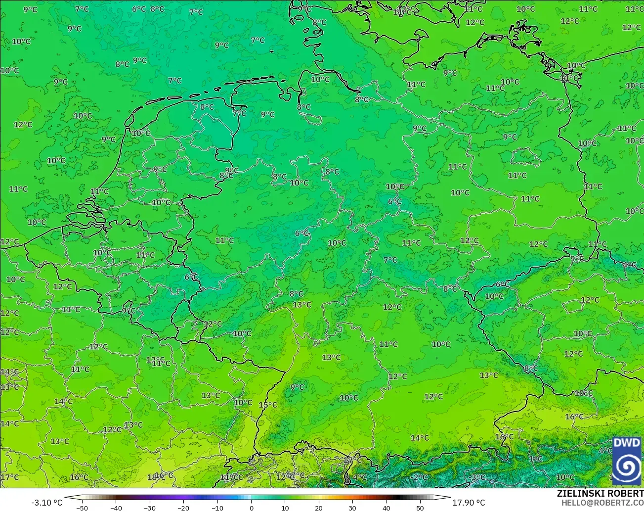 ICON Alemania 2 km modelo - Alemania, Temperatura a 850 hPa