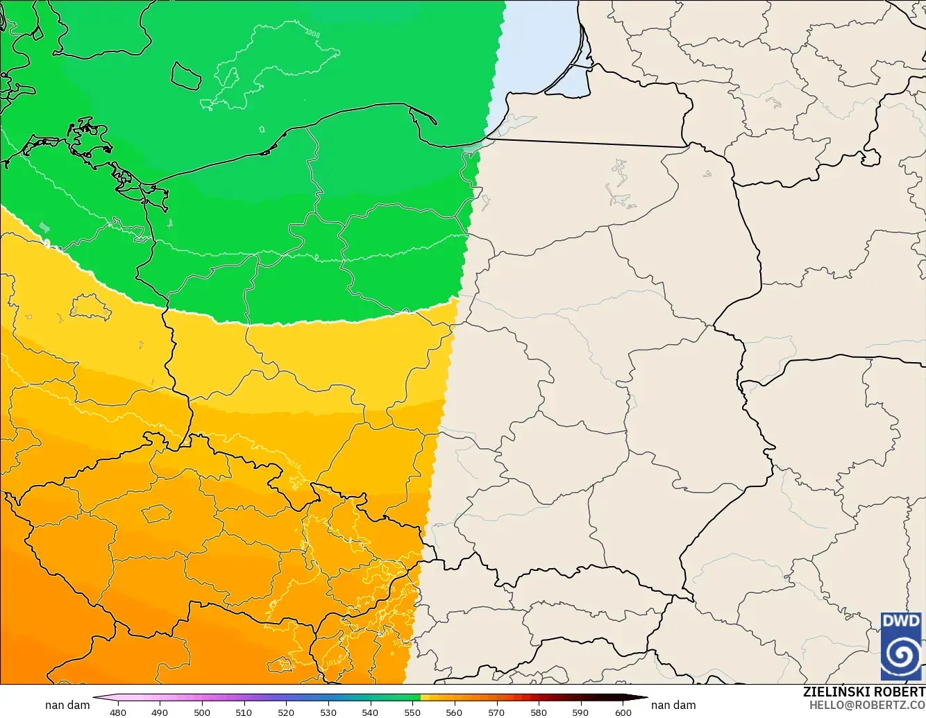 ICON Alemania 2 km modelo - Polonia, Altura geopotencial a 500 hPa