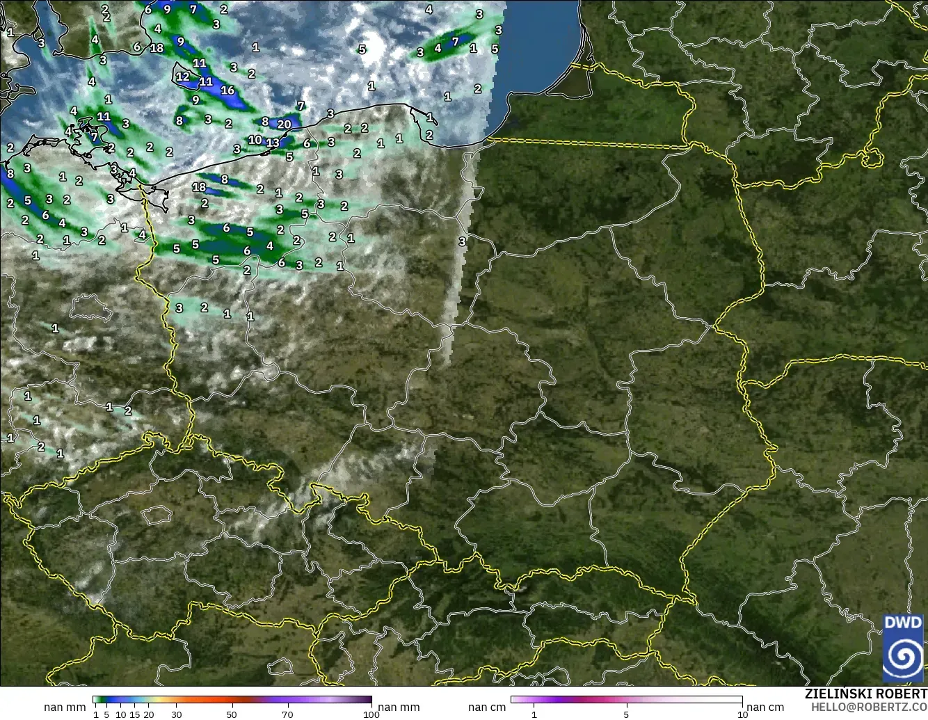ICON Alemania 2 km modelo - Polonia, Precipitación, nubes y presión