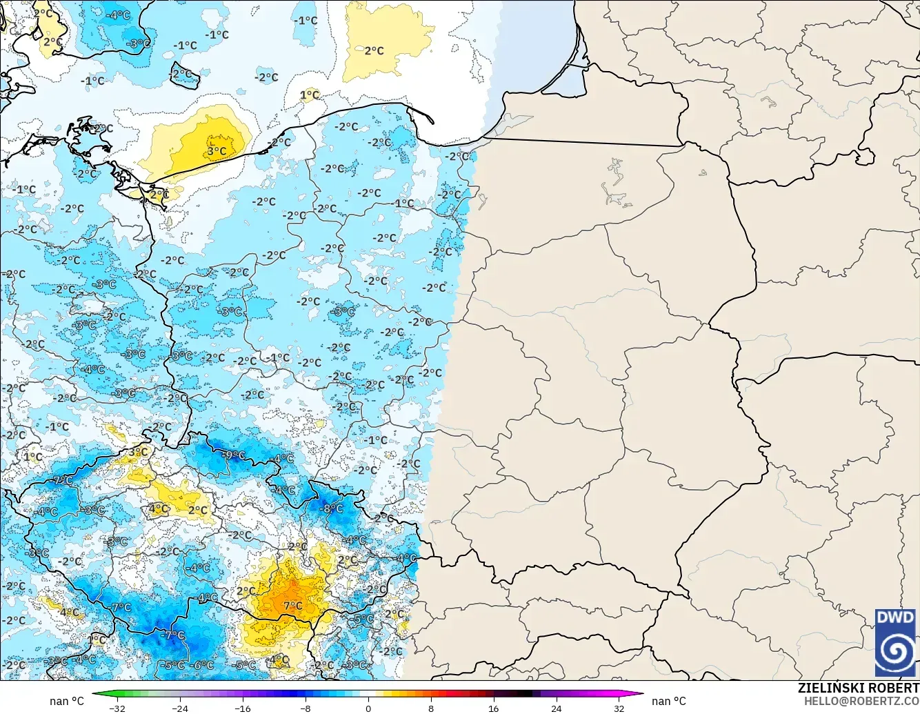 ICON Alemania 2 km modelo - Polonia, Anomalía de temperatura a 2 m