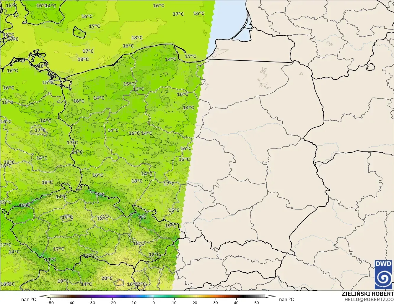 ICON Alemania 2 km modelo - Polonia, Temperatura a 2 m