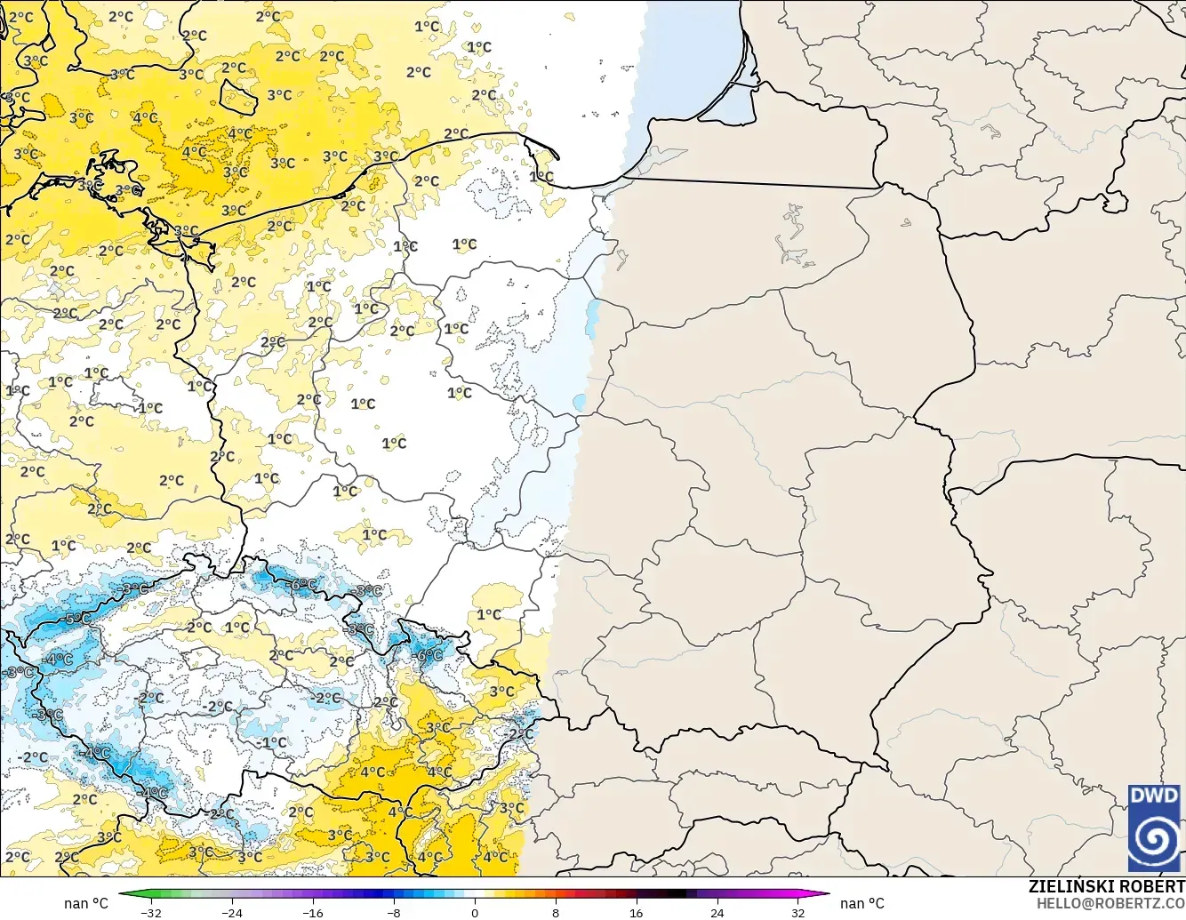 ICON Alemania 2 km modelo - Polonia, Anomalía de temperatura a 850 hPa