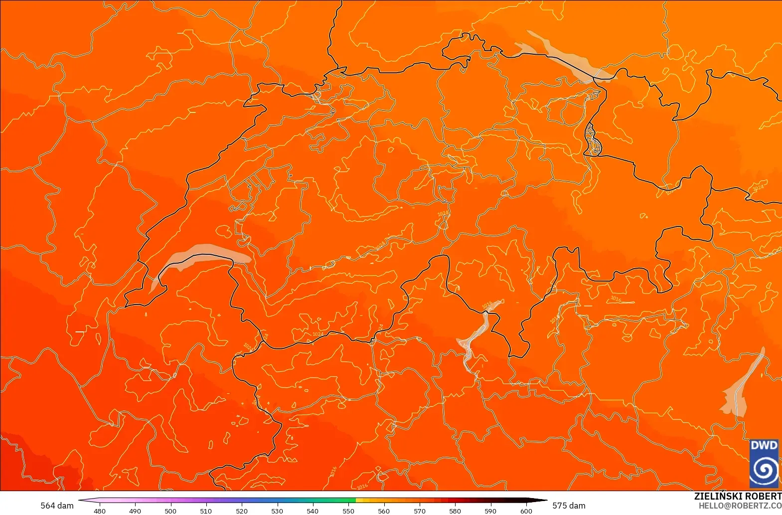 ICON Alemania 2 km modelo - Suiza, Altura geopotencial a 500 hPa
