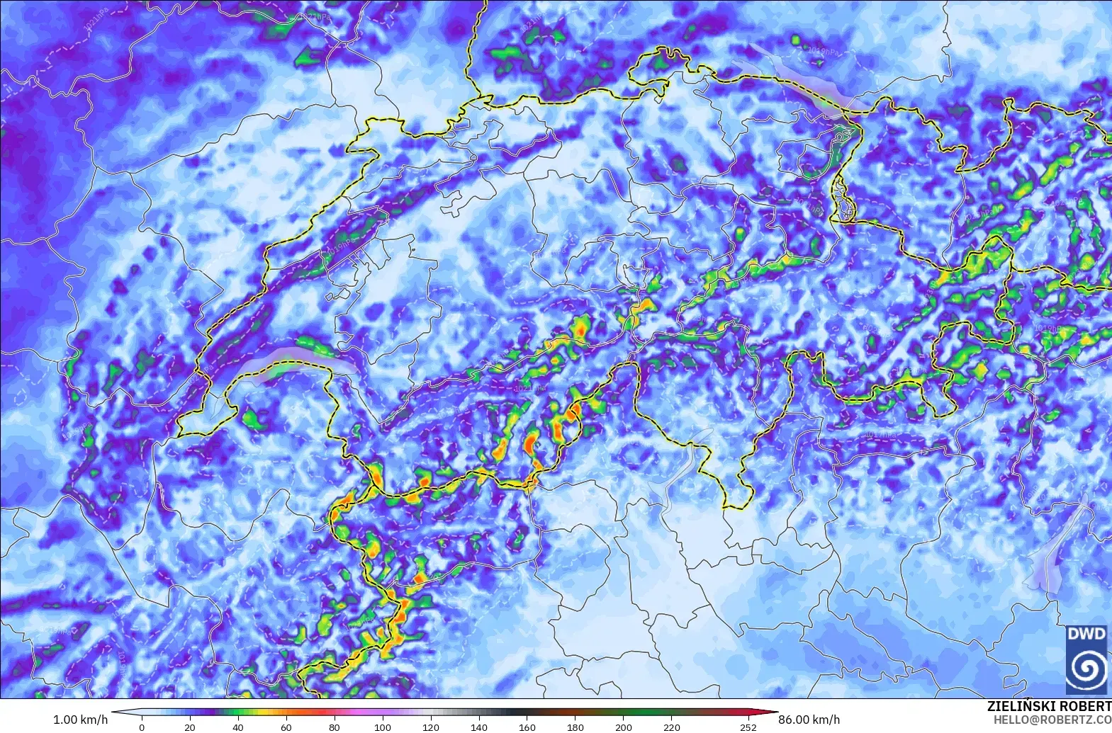 ICON Alemania 2 km modelo - Suiza, Ráfagas de viento