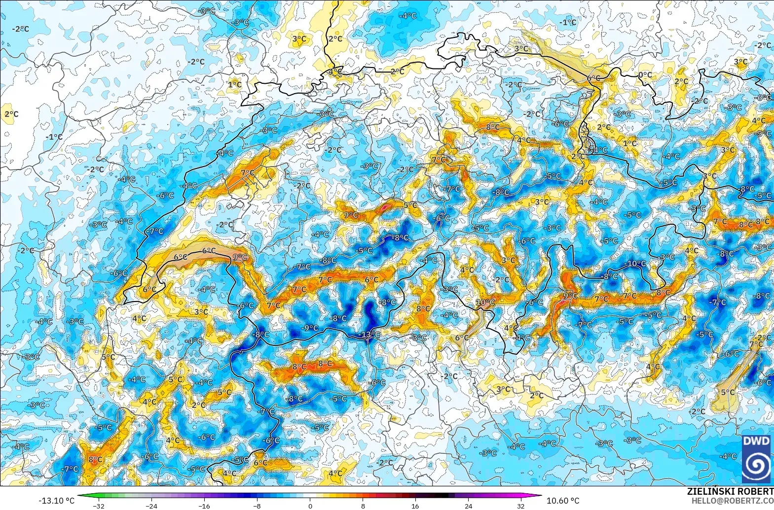 ICON Alemania 2 km modelo - Suiza, Anomalía de temperatura a 2 m