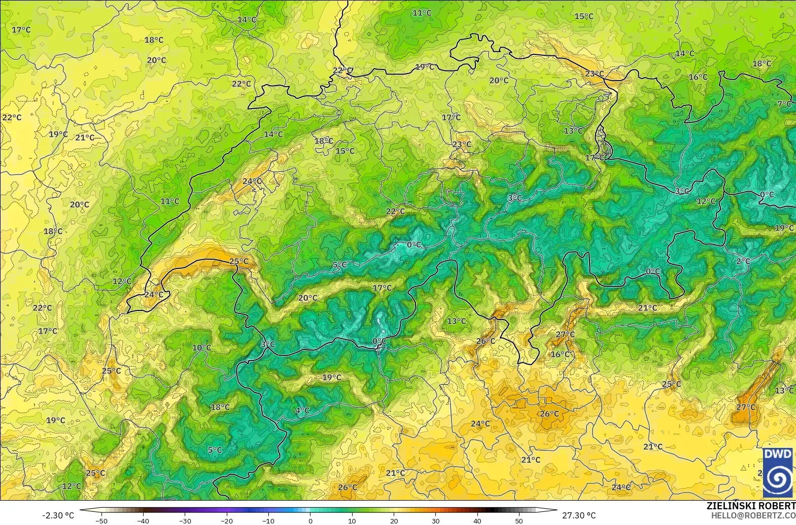 ICON Alemania 2 km modelo - Suiza, Temperatura a 2 m