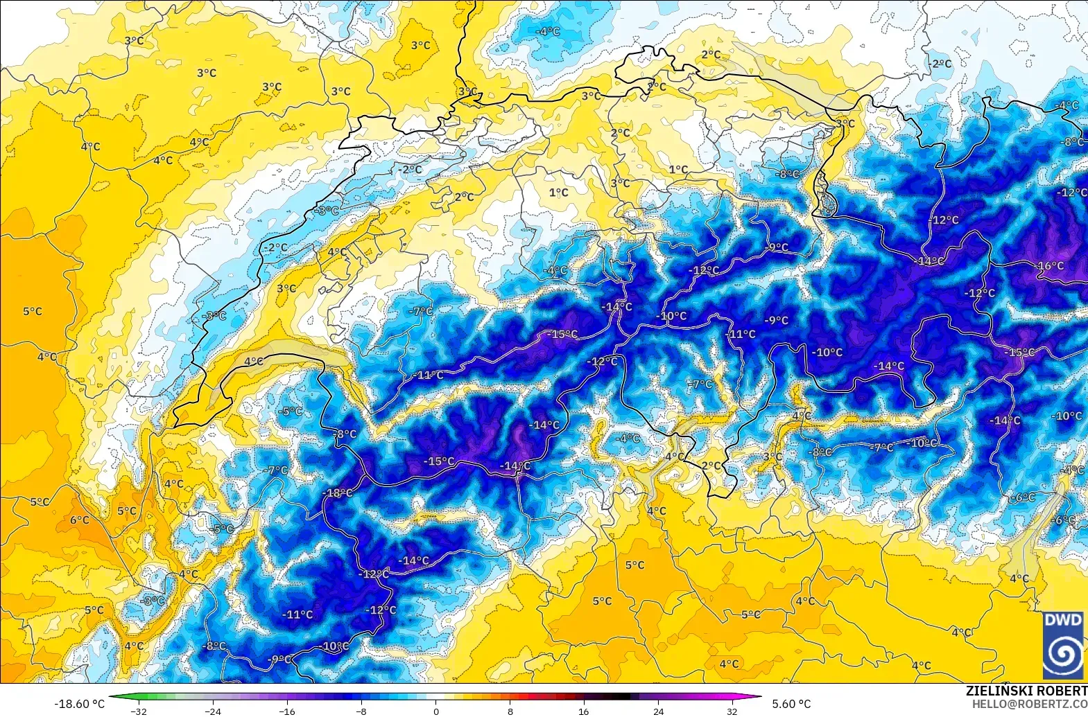 ICON Alemania 2 km modelo - Suiza, Anomalía de temperatura a 850 hPa