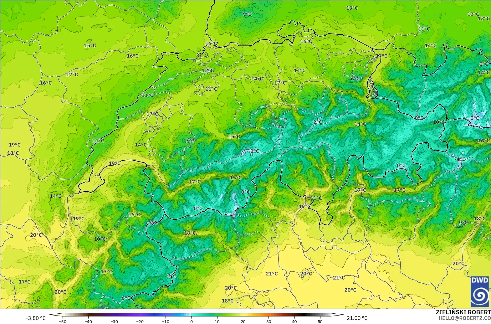 ICON Alemania 2 km modelo - Suiza, Temperatura a 850 hPa