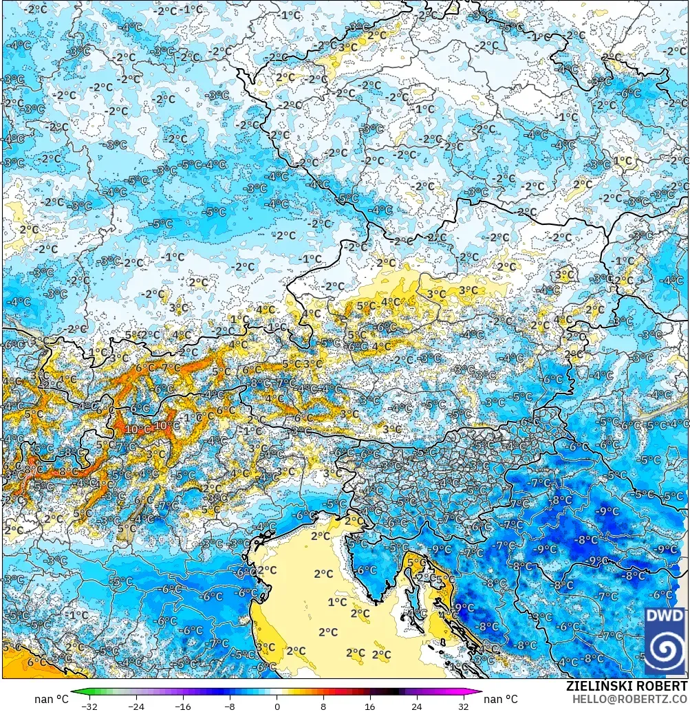 ICON Alemania 2 km modelo - Austria, Anomalía de temperatura a 2 m