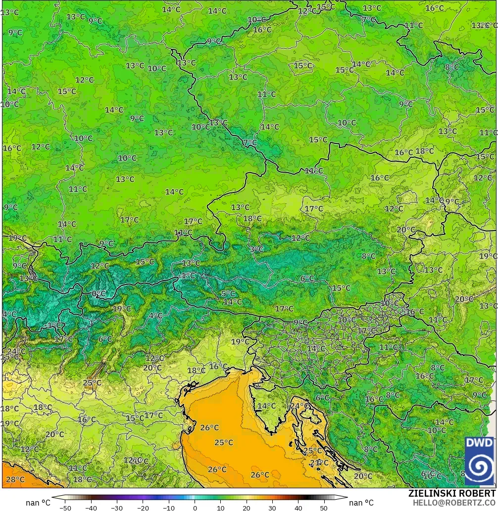 ICON Alemania 2 km modelo - Austria, Temperatura a 2 m